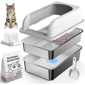 19.6''x13.7''x12'' Enclosure Stainless Steel Litter Box, Sifting Litter Box with Zeolite Litter Pellets 5 LBs, High Sides Metal Litter Pan for High Peeing Cats, Anti-Leakage, Less Tracking