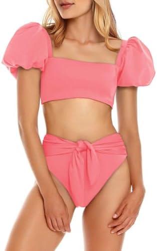 Fisoew Women's High Waist Bikini Sets Tie Knot Tummy Control Swimwear 2 Piece Swimsuits, XL