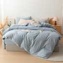 linenestbedding Duvet Cover Set 100% Washed Cotton Linen Feel Ultra Soft and Lightweight, All Season 3pcs Bedding Set with Zipper and Ties, Minimalist Neutral Style (Dusty Blue, Queen (90"x90"))
