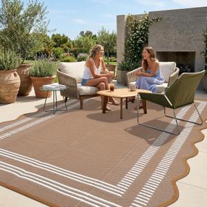 Garvee Waterproof Outdoor Rug 9x12, Scalloped Geometric Foldable Plastic Straw Patio Camping Rug, Outdoor RV Carpet for Deck Camper Porch Balcony Backyard Picnic Beach Brown and White