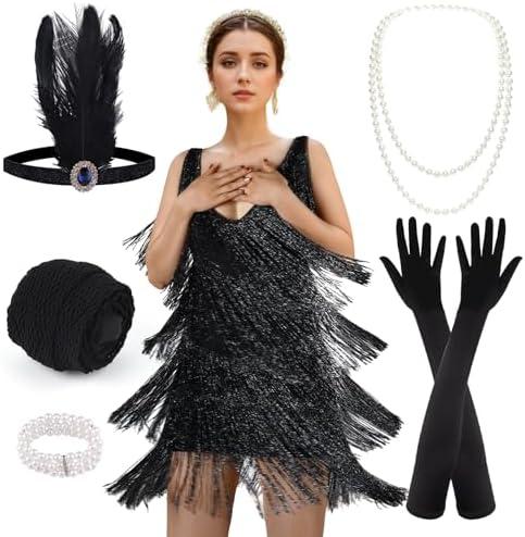 PLULON 1920s Dresses for Women, Gatsby Flapper Dress 1920s with 20s Accessories, M