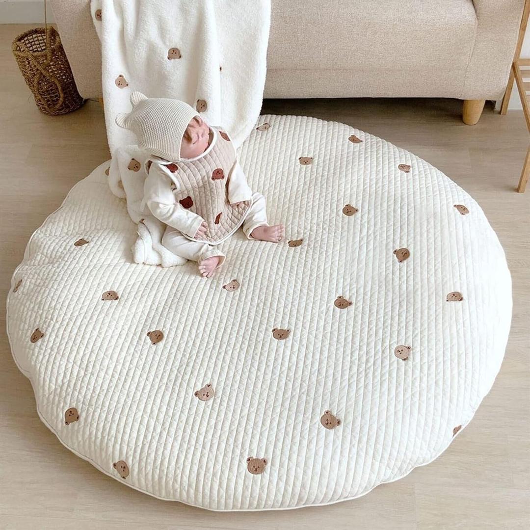Baby White Bear Embroidered Play Mat, 33.5" Cotton Crawling Mat, Detachable Washable Floor Rug Soft Kids Room Decor Gym Nursery Area Rug Playroom Carpet for Infant Toddler