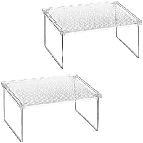 mDesign Metal Stacking Storage Organization for Shelves Inside Cabinets in Kitchen, Pantry, Cupboard, Fridge/Freezer - Organizer Stand for Plates, Bowls, Mugs, Ligne Collection, 2 Pack, Clear/Chrome