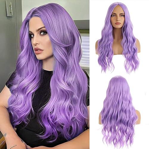 BERON Purple Wig for Women Long Wavy Wig Purple Long Curly Wigs Lavender Synthetic Wigs for Daily Party