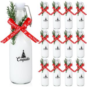 Sieral 12 Pack Christmas Coquito Glass Bottle 8oz Clear Flip Swing Top Beer Brewing Bottles with Ribbon and Artificial Branches for Liquids Wine Christmas Tree Xmas Gifts