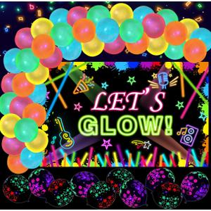 51 Pcs Neon Birthday Party Decorations - Glow in The Dark Party Supplies with Neon Balloons Garland Arch Kit & Lets Glow Banner Backdrop Black Light Up Photography Background