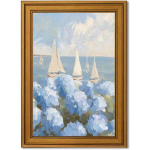 Gold Framed Vintage Coastal Hydrangea Canvas Wall Art Coastal Sailboat Painting Picture Wall Decor Seaside Summer Poster Print Artwork for Bedroom Living Room Bathroom Home Decoration 12x16in