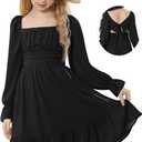 Durio Girls Dresses for Teens Girls Tie Back Off Shoulder Dress Cute Long Sleeve Dress Easter Kids School Party Dance Dresses (10-11 Years, 03 Black)