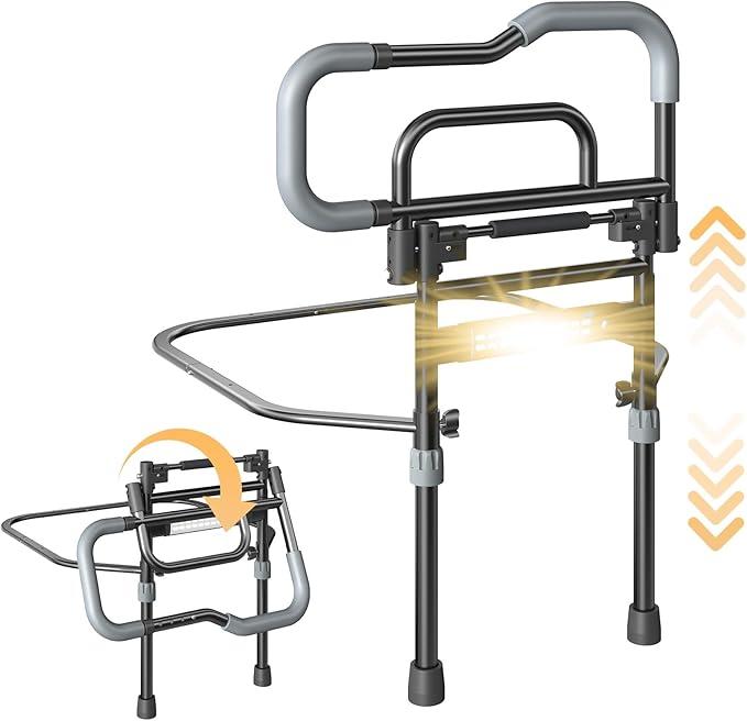 Bed Rails for Elderly Adults Safety, Foldable Bed Assist Rails for Seniors with Sensor Light & Storage Pocket, Adjustable Height, 180° OneHand Folding Bed Side Rails Fit King Queen Full Twin