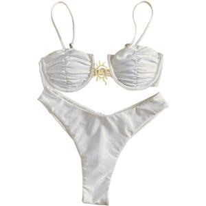 OYOANGLE Women's 2 Piece Tie Back Bikini Set Metal Decor Bathing Suit Ruched Underwire Swimsuit Swimwear (M)