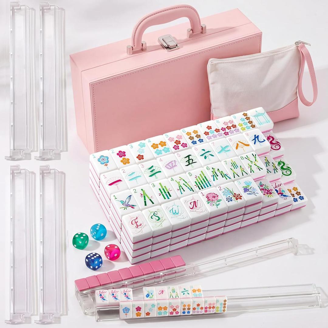 American Mahjong Set 168 Blossom Acrylic Numbered Tiles, 4 All-in-One Rack/Pushers, 4 Dice, Tiles Bag and Portable Travel Case Full Size Complete Mahjongg Game Set (Pink,Standard Size)