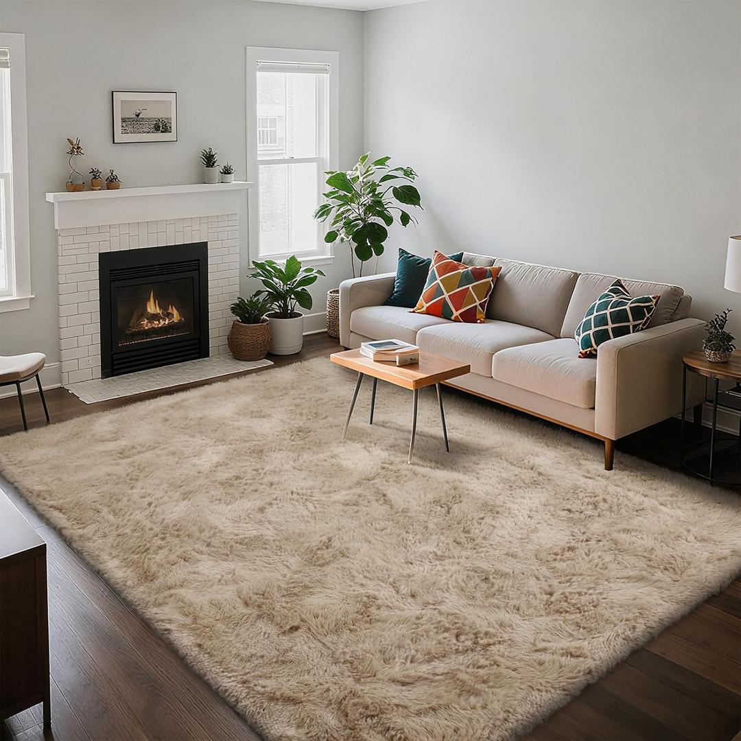 Fluffy Rug Shaggy Area Rug, Beige 5x8 Area Rugs for Bedroom, Small Bedside Rug, Soft Fluffy Shaggy Entryway Throw Rugs for Living Room Bedroom Kids Room Home Decor