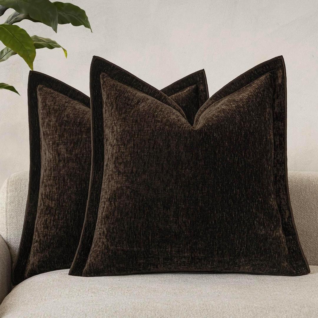 Decorative Chenille Luxury Throw Pillow Covers with Wide Edge, Textured Solid Pillowcases, Soft Velvet Cushion Cover Home Dcor for Couch Sofa Living Room,20x20 Inch, Set of 2, Dark Brown