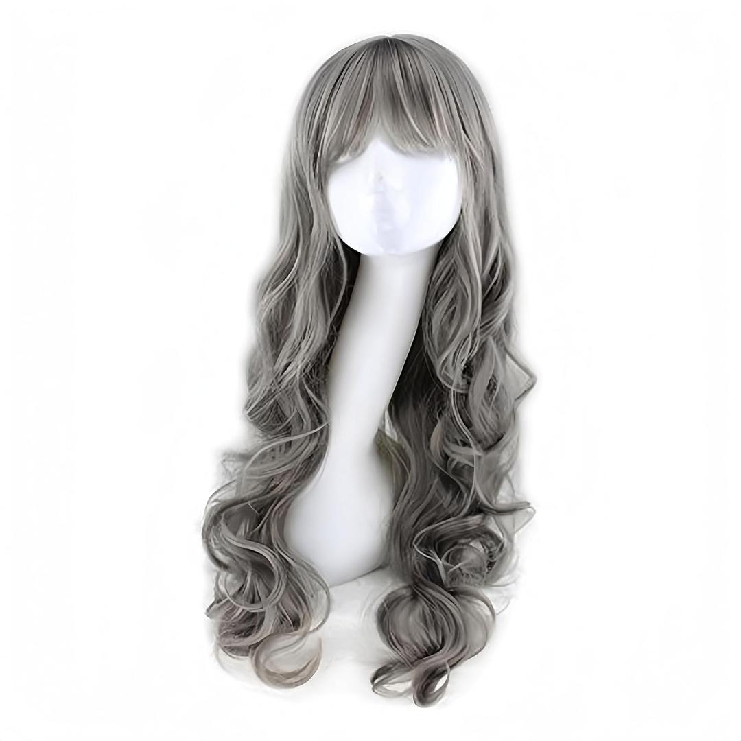 RightOn Gray Wig Long Curly Gray Wigs with Bangs Grandma Grey Wigs for Women Daily Party Hairnet Include