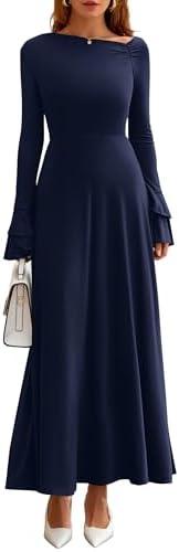 PRETTYGARDEN Womens Dresses Formal Off The Shoulder Long Sleeve Ruched Knit A-Line Maxi Wedding Guest Dress Fall Clothes Small