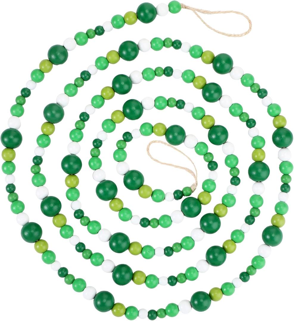 Boao 10 Feet St. Patrick's Day Wooden Beaded Garland Rustic Farmhouse Bead Wall Hanging Decor Natural Tree Garland Wall Hanging Prayer Beads for St. Patrick's Day (Green,White)