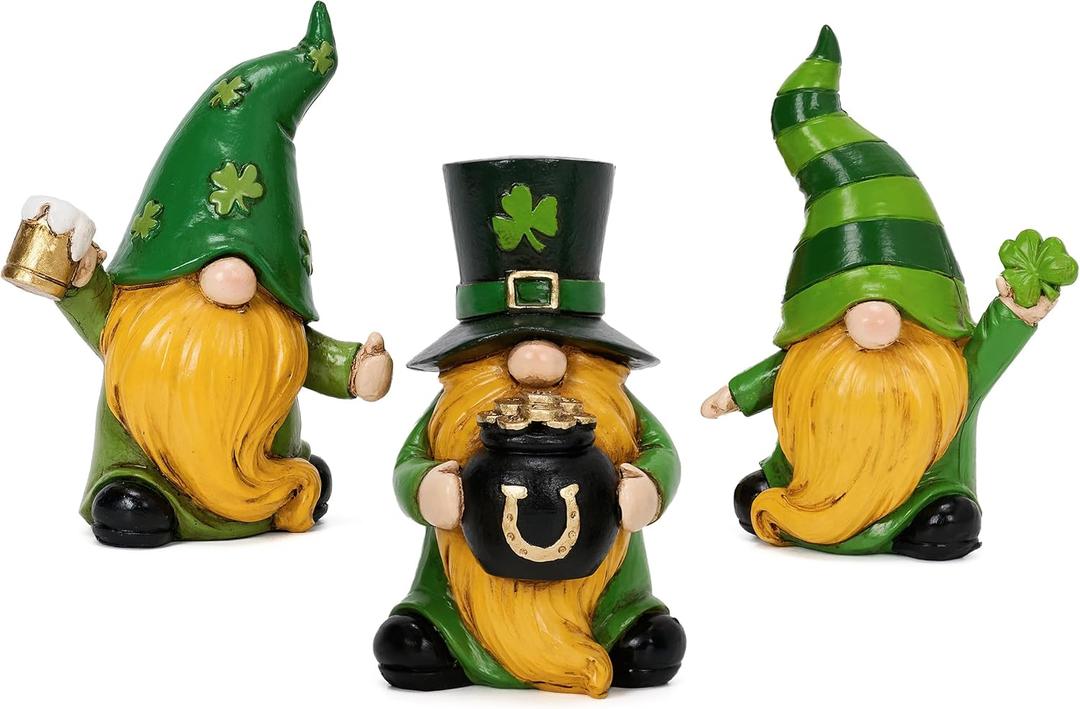 Valery Madelyn St Patricks Day Gnome Figurines, Set of 3 Irish Leprechaun Decor with Shamrocks, Pot of Gold, and Beer Mug, Medium Green White Resin St Patricks Gnome Gifts for Table Tiered Tray Decor