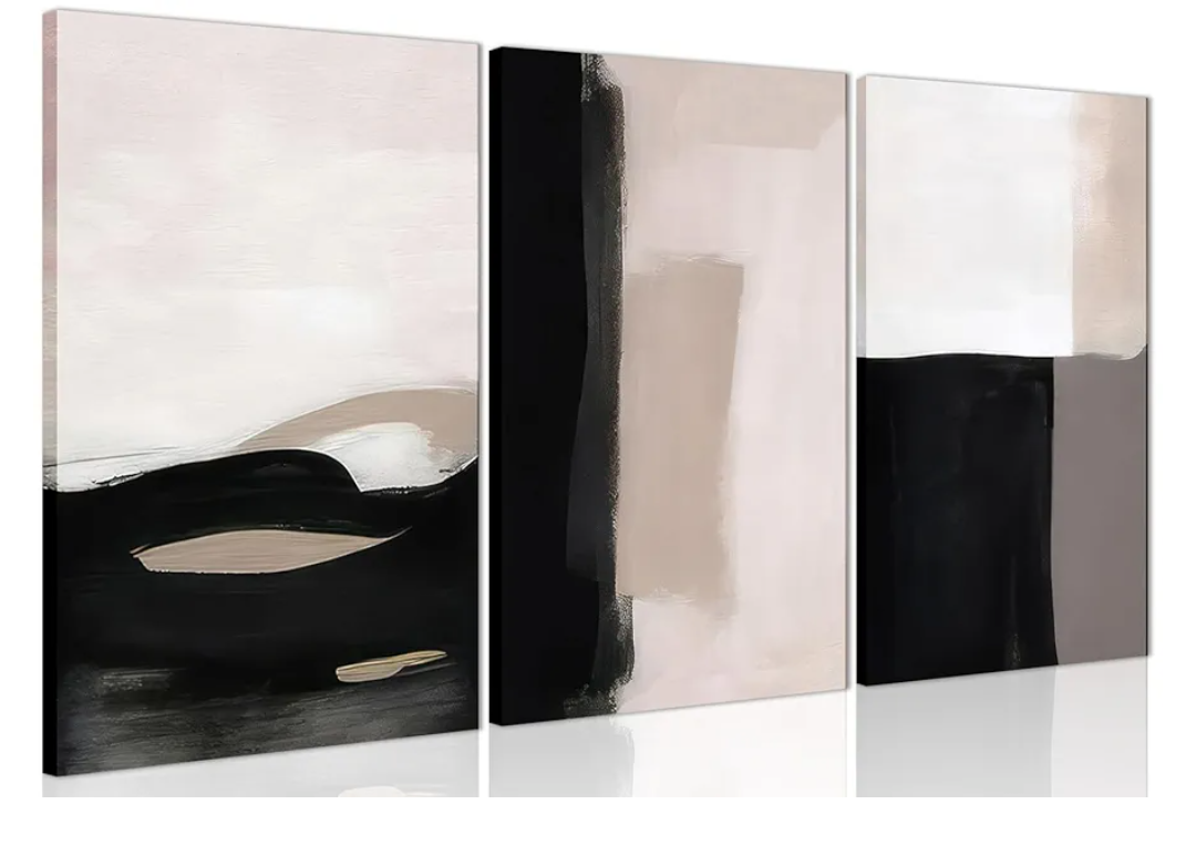 AKWISH Abstract Canvas Wall Art Set of 3, Modern Beige Black and White Wall Decor, Neutral Abstract Artwork Poster Prints Painting for Living Room, Bedroom, Dining Room, Framed 16x24 In