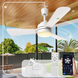 Ceiling Fans with Lights,28" LED Fan Light Hanging with Hook,Hook Type Ceiling Fan,Plug in Ceiling Fan Light,35W,3000-6500k,Remote Control,Portable Fan for Camping Bed,Patios,(White)