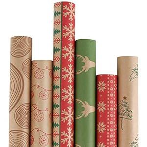 RUSPEPA Christmas Wrapping paper - Brown Kraft Paper with Red and Green Pattern For -Christmas Elements Collection-6 Roll-30Inch X 10Feet Per Roll