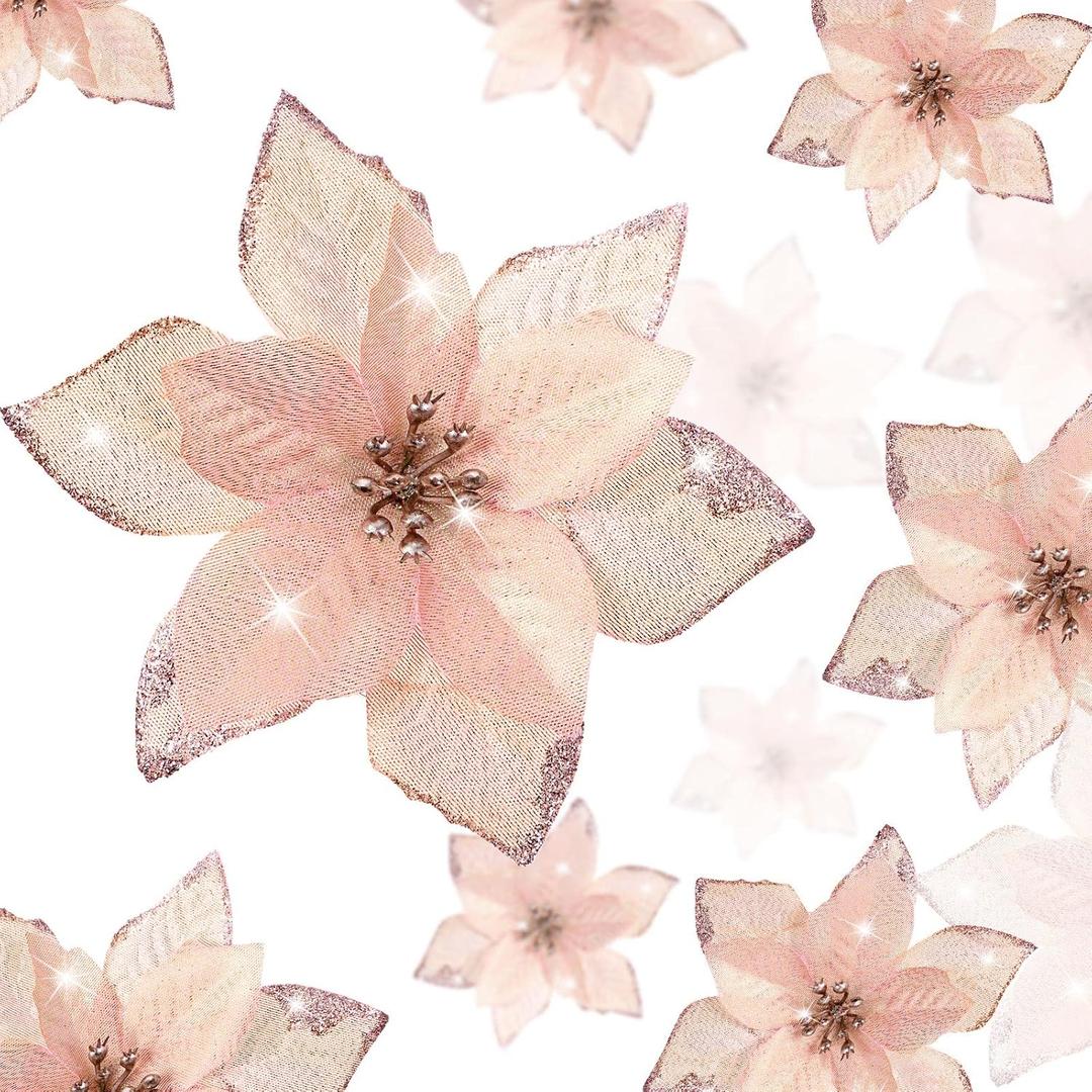 36 Pcs 3 Size Christmas Tree Glitter Faux Poinsettia Flowers Ornaments For Home Outdoor Decoration (Rose Gold,3/ 4/ 6 inch)