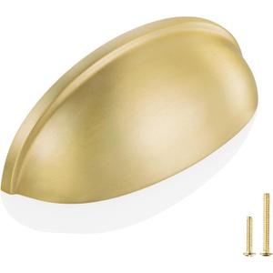 QOGRISUN 2-Pack Solid Brass Cabinet Bin Pulls, Gold Cup Drawer Dresser Handles,3-Inch Hole Center, 3-3/5-Inch Overall Length, Kitchen Cupboard Konbs Hardware, Brushed Brass Finish