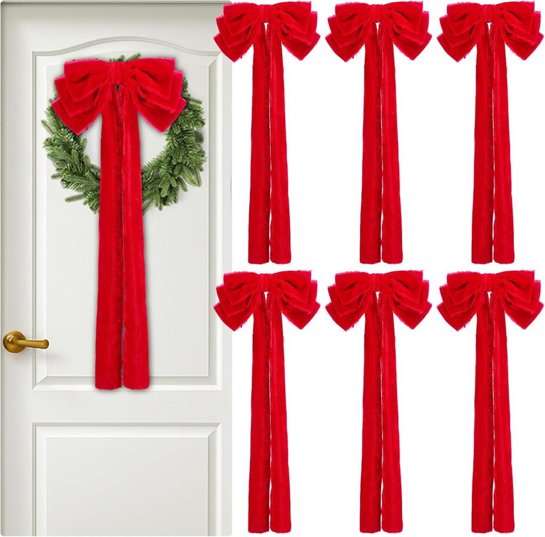 Daifunli 6 Pcs Large Velvet Bows for Christmas Tree 19.7" x 10.6" Velvet Ribbon Bows Ornament Christmas Swag Wreath Staircase Bow Vintage Raw Edges Tree Topper for Home Decor(Red,Three-Ear Style)