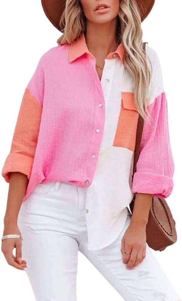 chouyatou Women's Color Block Long Sleeve Button Down Boyfriend Shirt Blouses (Large, Rose Red)