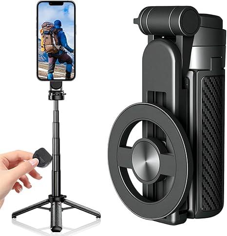4-in-1 Multifunctional 360° Rotation Magnetic Selfie Stick with Detachable Wireless Remote for iPhone & Android, Portable Extendable Phone Tripod Stand for Travel Vlog Live Streaming