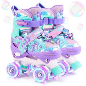 Mermaid Roller Skates for Girls Kids, Mosoulais 4 Size Adjustable Light up Wheels Skates for Toddlers, Beginner Women Rollerskates Indoor Outdoor for Xmas Birthday Gifts, US: 6-9