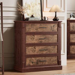 IDEALHOUSE Brown 4 Drawer Dresser for Bedroom, Farmhouse Tall Chest of Drawers with Metal Handles, Rustic Wooden Dresser for Living Room, Hallway