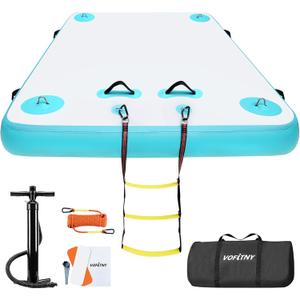 Inflatable Floating Dock Air Platform Multi-Person Swim Water Mat with Rope Ladder, None-Slip Surface for Pool Lake Beach (8ft x 6ft x 6in, Cyan)