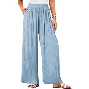 GRACE KARIN Womens Casual Wide Leg Pants Pleated High Elastic Waist Flowy Loose Beach Palazzo Pants Work Trousers Summer (Blue, M)