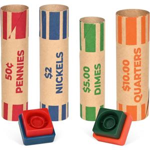 THEBLUETOUCH 512 Preformed Coin Roll Wrappers, Coin Wrapper Assorted with Crimped Edge Sealer - Quarters, Pennies, Nickels and Dimes