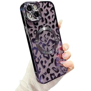 ZONRW for iPhone 14 Plus Case Magnetic, Soft Cute Luxury Leopard Cheetah Pattern Plating Glitter Bling Phone Case Compatible with MagSafe Clear Shockproof Back Cover for Women Girl 6.7"-Purple