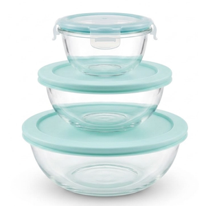 3 Peice Set Of Clear Glass Bowls With Blue Lids Clear Salad Bowls with BAP-Free Lids for Kitchen, Oven Microwave Dishwasher Safe