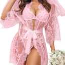 Avidlove Women's Lace Kimono Robe Babydoll Lingerie Mesh Nightgown (3X-Large, Pink)