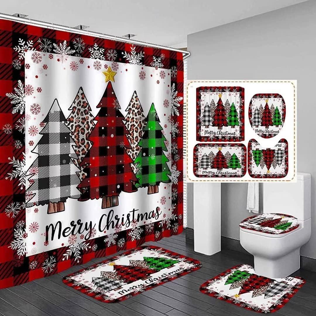 4pcs Merry Christmas Tree Shower Curtain Sets Red with Rug Toilet Lid Cover and U Shap Mat Washable 72" x72'