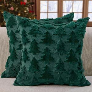 DFXSZ Christmas Pillow Covers 18x18 inch Set of 2 Green Christmas Tree Decoration Soft Plush Faux Fur Jacquard Throw Pillows for Bedroom Sofa Holiday Festivals Winter Home Decor PTK070A18
