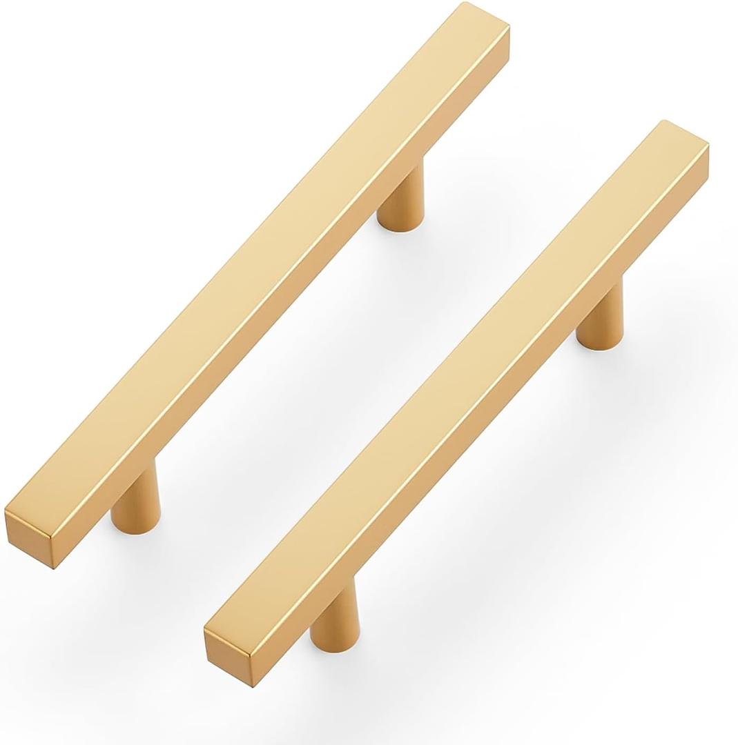 Ravinte 20 Pack Brass 3-1/2 Inch Hole Center Champagne Gold Handles Square Cabinet Hardware Stainless Steel Pulls for Kitchen Cupboard Drawers 6 Inch Overall Length