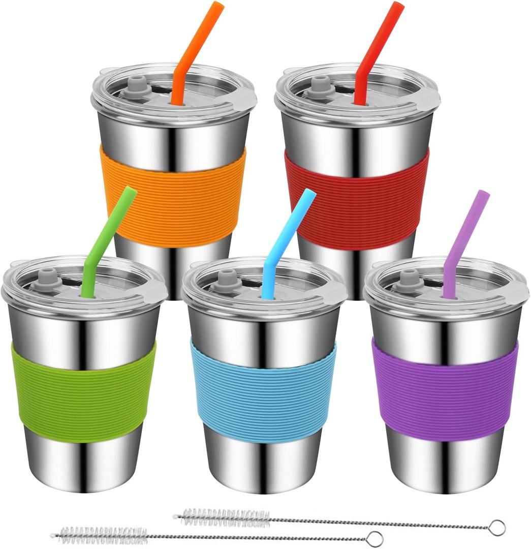 Toddler Cups with Straws, 18/8 Stainless Steel Children Smoothie Drinking Sippy Cups, Stacking & Reusable Kids Cups with Straws and Lids, 5 Pack, 12oz (Red/Orange/Green/Blue/Purple)