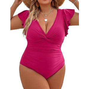 Blooming Jelly Womens Tummy Control Bathing Suit One Piece Plus Size Swimsuits Lace Up Back Ruffle Swim Suits 2025, Size 2XL