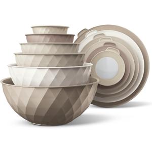 COOK WITH COLOR Mixing Bowls with Lids - 12 Piece Plastic Nesting Bowls Set includes 6 Prep Bowls and 6 Lids, Diamond Design - Microwave Safe, Brown