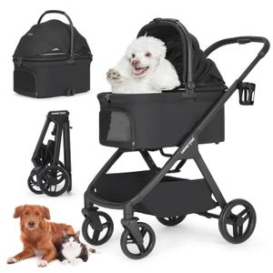 X-5 Luxury Pet Stroller for Medium Dog Up to 55 lbs or 2 Small Dogs Cats, 3-in-1 Detachable Carrier & Car Seat, One-Touch Folding, Adjustable Handle, All-Terrain Wheels (Black)
