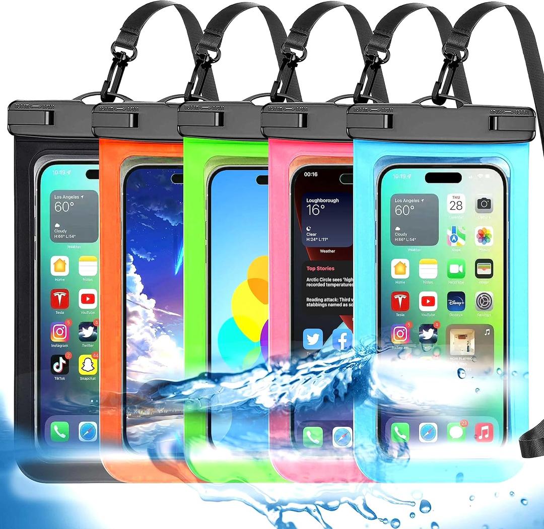 Famoby Up to 8.3" 5 Pack Multicolor Universal Waterproof Phone Pouch, Phone Waterproof Case Dry Bag, Protection Level: IP68, Outdoor Sports for Apple iPhone, Samsung, and More, Black, Blue, Pink, Orange, Green