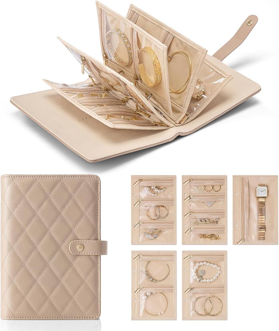Vlando Travel Jewelry Organizer Case,Teacher Appreciation Gifts,Jewelry Storage Book Ring Binder with Clear Zipper Velvet Pouch Bag for Traveling,Rings,Necklace,Earrings,Bracelets,Brooches-Toffee