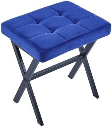 ATSNOW Royal Blue Velvet Makeup Vanity Stool with Metal Legs, 18 inch High Ottoman Footrest for Living Room Bedroom Entryway