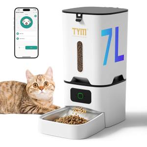 TYM Automatic Cat Feeder, 7L Time Cat Food Dispenser for Dry Food, APP Control Pet Feeder Programmable Portion Size, Auto Feeder for Cats Small Dogs with Stainless Bowl, Large Capacity (Not WiFi)