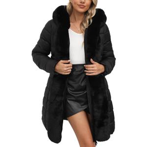 Bellivera Women Faux Leather Winter Trendy Puffer Jacket Water-Resistant Thicken Bubble Coat with Fur Hood and Belt (Coal Black, XL)