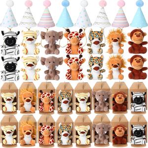 20 Pcs Safari Mini Jungle Animal Plush Toys Stuffed Forest Animals Plush Toys Set with 20 Birthday Hats 20 Paper Boxes Adopt Pet Decor for Adult Theme Birthday Favor(Classic)